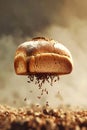 Floating Bread Loaf With Falling Wheat Grains Symbolizing Origin And Freshness Royalty Free Stock Photo