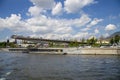 Floating bridge of Zaryadye park on Moskvoretskaya Embankment of Moskva River in Moscow, Russia.