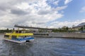 Floating bridge of Zaryadye park on Moskvoretskaya Embankment of Moskva River in Moscow, Russia.