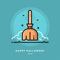 Floating broom icon, flat design thin line halloween banner