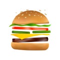 Floating burger with flying ingredients: pickles, tomato, cheese, beef patty, lettuce, toasted sesame bun. Classic burger icon. Royalty Free Stock Photo