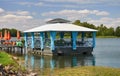 floating cafe on the pier by the lake .