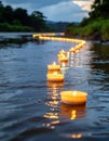 Floating candles illuminate a serene river, creating a peaceful atmosphere with reflections on water Royalty Free Stock Photo