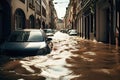 Floating cars in the dirty water during flooding in an european country, with washed out street