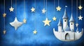Floating castle bathed in the light of glowing stars under a cosmic night sky Royalty Free Stock Photo