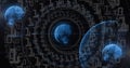 Floating central dotted globe rotating in cyberspace, with binary digits, data rings, trajectories Royalty Free Stock Photo
