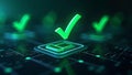 A floating checklist with green checkmarks superimposed on transparent layers of digital code, symbolizing successful data