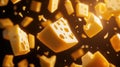 Floating cheese cubes, vibrant yellow, dynamic composition, abstract background
