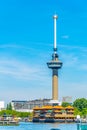 Floating chinese restaurant in front of Euromast tower in Rotterdam, Netherlands