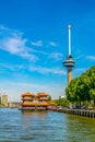 Floating chinese restaurant in front of Euromast tower in Rotterdam, Netherlands