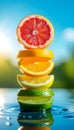 Floating Citrus Fruit Slices Stacked Vertically with Water Reflection Royalty Free Stock Photo