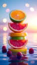 Floating Citrus Fruit Stack with Grapefruit and Orange Over Pastel Water Royalty Free Stock Photo