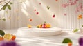 Floating Citrus Fruits and Blossoms on White Platform Royalty Free Stock Photo