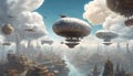 A Floating City in the Clouds: Airships Docking in a Futuristic Science Fiction Sky