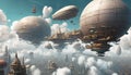 A Floating City in the Clouds: Airships Docking in a Futuristic Science Fiction Sky Royalty Free Stock Photo