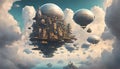 A Floating City in the Clouds: Airships Docking in a Futuristic Science Fiction Sky Royalty Free Stock Photo