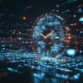 Floating Clock Displaying Data Streams in a Digital Environment with Glowing Elements Royalty Free Stock Photo