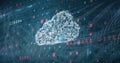 Floating cloud icon amid drifting letters and numbers among network lines, with MALWARE D3TECT Royalty Free Stock Photo