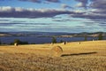 Floating clouds above a hay field with straw bales and Lake Mjosa in the distance in Toten, Norway