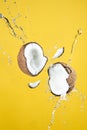 Floating coconut breaking with coconut water splash, On yellow background Royalty Free Stock Photo