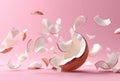 Floating Coconut Pieces on Pink Background Royalty Free Stock Photo
