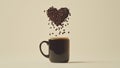 Floating coffee beans forming heart shape above black mug on beige background Royalty Free Stock Photo