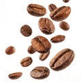 Floating coffee beans isolated on white background