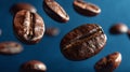 Floating Coffee Beans Are Perfectly Positioned Beautifully Against a Vibrant Blue Background Royalty Free Stock Photo