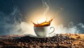 Floating coffee droplets with cinnamon dust trails,espresso splash  .Background concepr. Generated Image Royalty Free Stock Photo