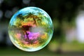 Floating colorful soap bubble with coconut palms and clouds reflection, macro