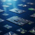 Floating computer circuits with microchips, showing intricate green and white Royalty Free Stock Photo