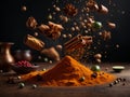 Floating cooking spices, herbs, barks, roots, seeds, powder. Add flavor and aroma to food. Cinematic advertising photography