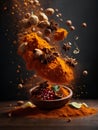 Floating cooking spices, herbs, barks, roots, seeds, powder. Add flavor and aroma to food. Cinematic advertising photography