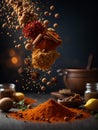 Floating cooking spices, herbs, barks, roots, seeds, powder. Add flavor and aroma to food. Cinematic advertising photography