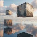 Floating Cubes Above Reflective Surface Under Blue Sky and Clouds Royalty Free Stock Photo