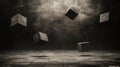 Floating cubes in a dark, atmospheric environment create a surreal visual effect
