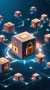 Floating cubes with padlocks on their surfaces symbolize cybersecurity and data protection Royalty Free Stock Photo