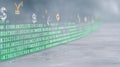 Digital currency symbols floating above a stream of binary code, representing the intersection of finance and technology Royalty Free Stock Photo