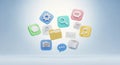 Floating 3D app icons are depicted on a blue gradient background. Icons include a Royalty Free Stock Photo