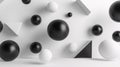 Floating 3D geometric shapes in a monochrome palette create a minimalist geometric 3D background, Generated AI