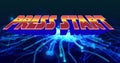 Floating 3D PRESS START text hovering above cyber grid, revealing nodes and radiating data streams Royalty Free Stock Photo