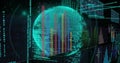 Floating 3D wireframe globe rotating in virtual grid plane, with bar charts and interface panels Royalty Free Stock Photo