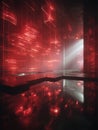 Floating data streams in a dark red room with glowing white smoky light layers Royalty Free Stock Photo
