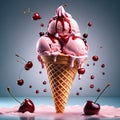 Floating, delicious cherry gelato cone, The bright pink gelato is piled high in a crispy waffle cone