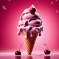 Floating, delicious cherry gelato cone, The bright pink gelato is piled high in a crispy waffle cone