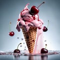 Floating, delicious cherry gelato cone, The bright pink gelato is piled high in a crispy waffle cone