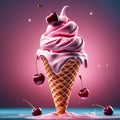 Floating, delicious cherry gelato cone, The bright pink gelato is piled high in a crispy waffle cone