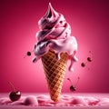 Floating, delicious cherry gelato cone, The bright pink gelato is piled high in a crispy waffle cone