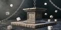 Floating Dice Chain Over Ancient Inkstone Podium in Conceptual Abstract Design Royalty Free Stock Photo