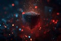 Floating digital cube surrounded by glowing particles in a dark abstract setting Royalty Free Stock Photo